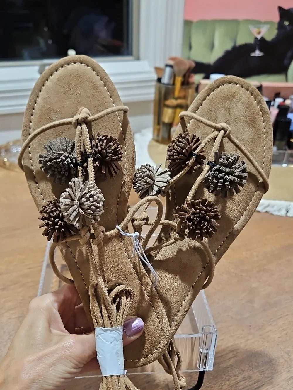 Universal Thread Tan Suede Pom-Pom Lace-Up Sandals